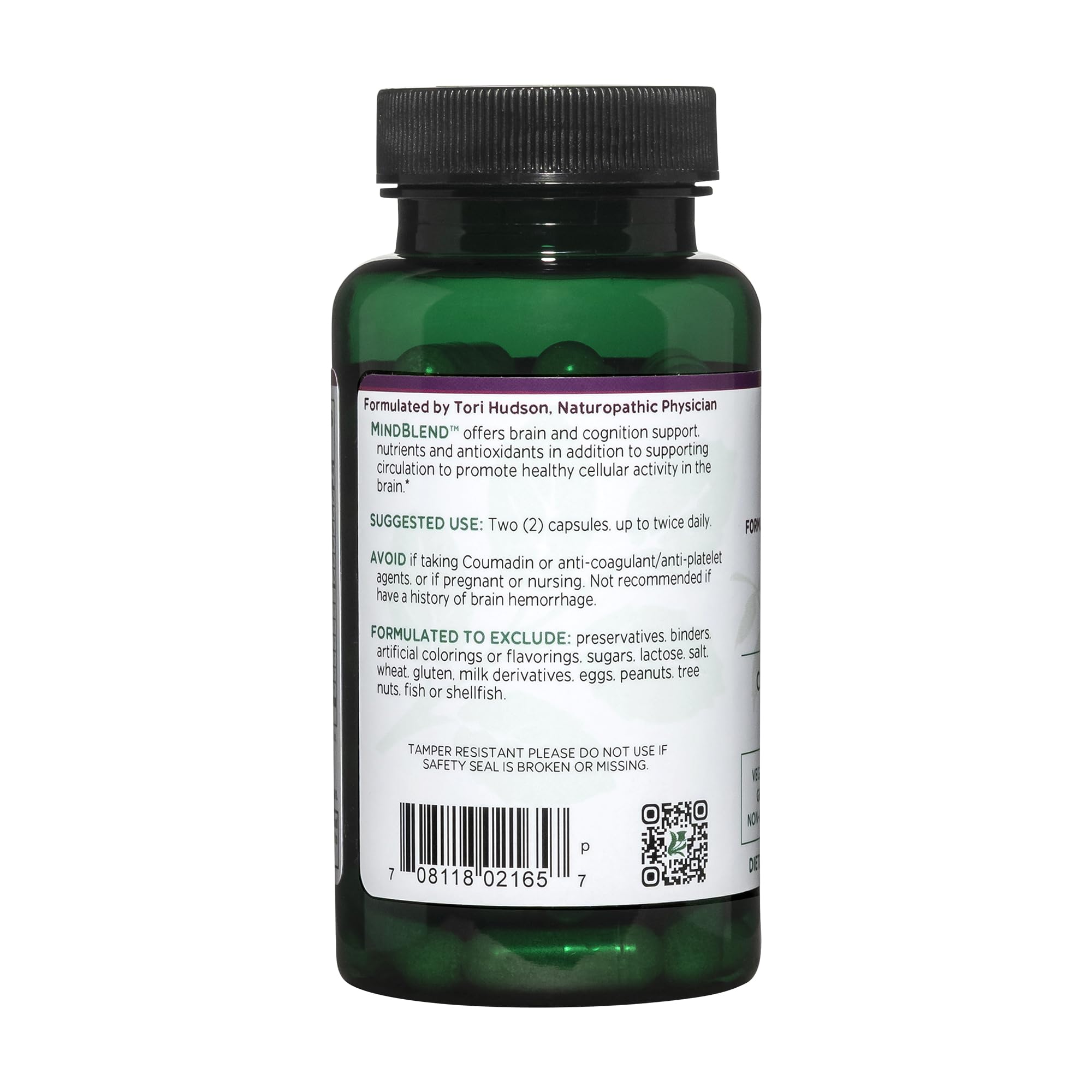 Vitanica MindBlend vegan formulation label showcasing non-GMO, wild-crafted herbs.