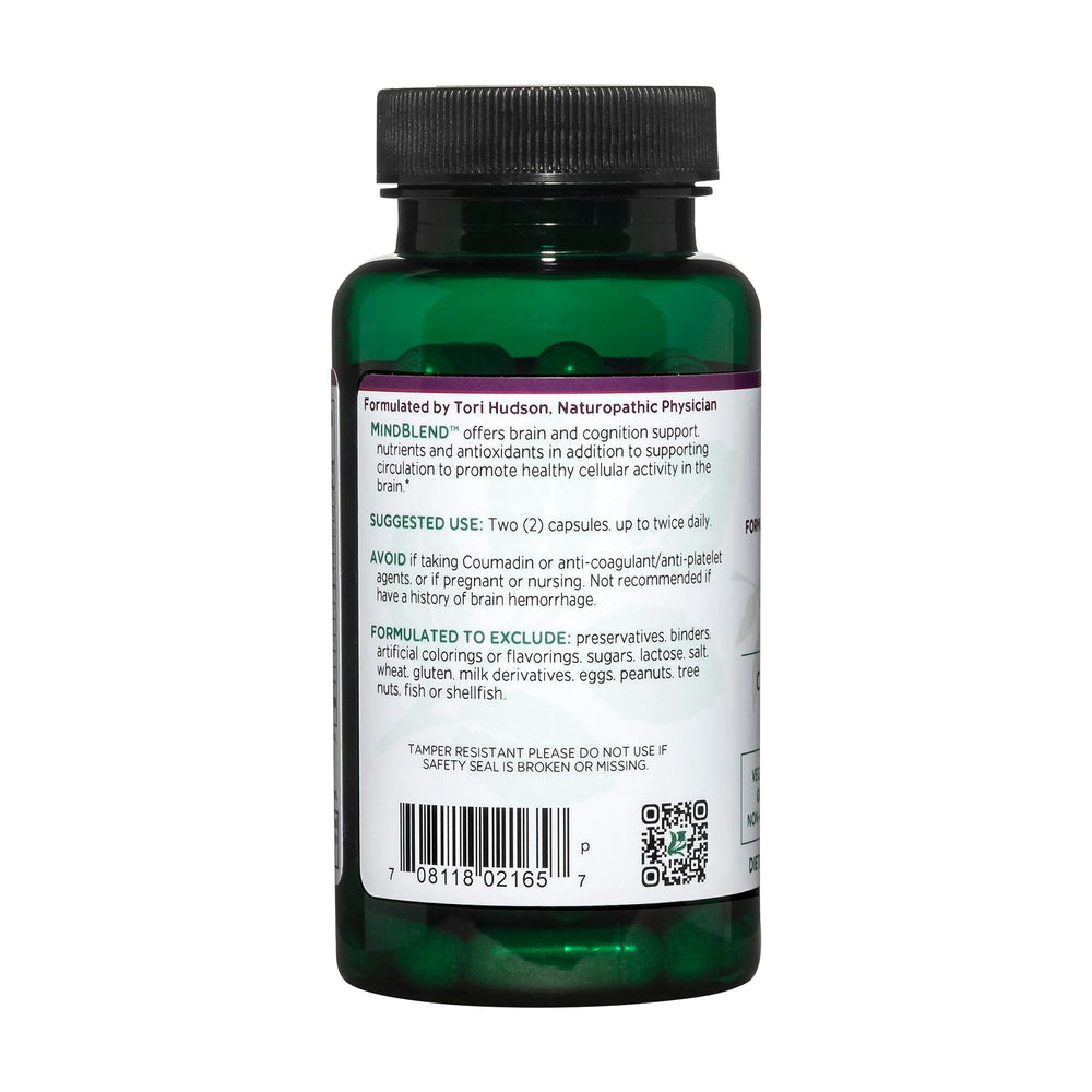 Vitanica MindBlend vegan formulation label showcasing non-GMO, wild-crafted herbs.