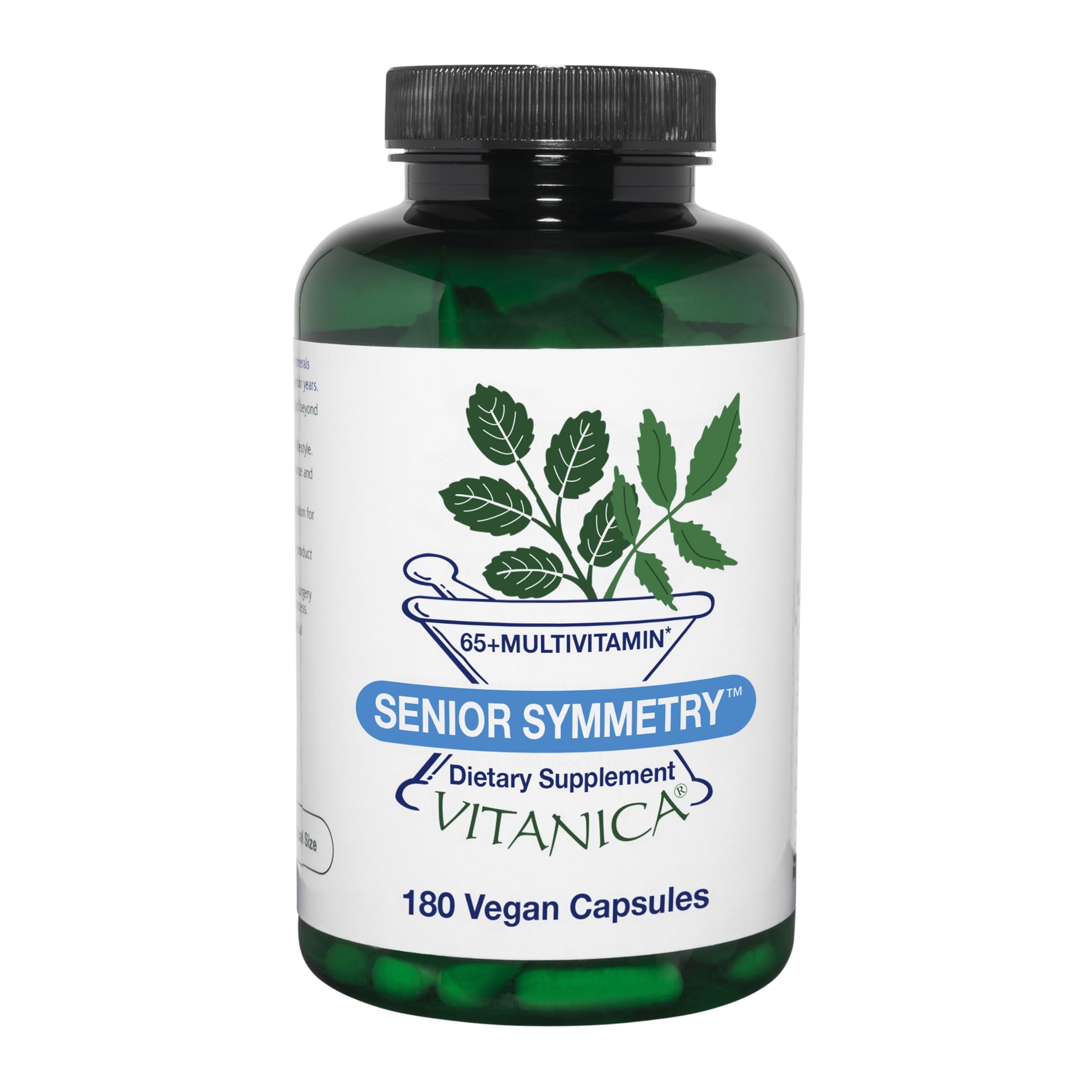 Vitanica Senior Symmetry bottle front, vegan multivitamin for aging adults.
