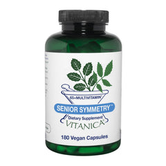 Vitanica Senior Symmetry bottle front, vegan multivitamin for aging adults.