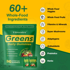 Vitrcestrs greens daily gummies display bite-sized nutrition for daily energy.