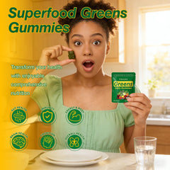 Vitrcestrs Greens Daily Gummies closeup with colorful fruit texture.