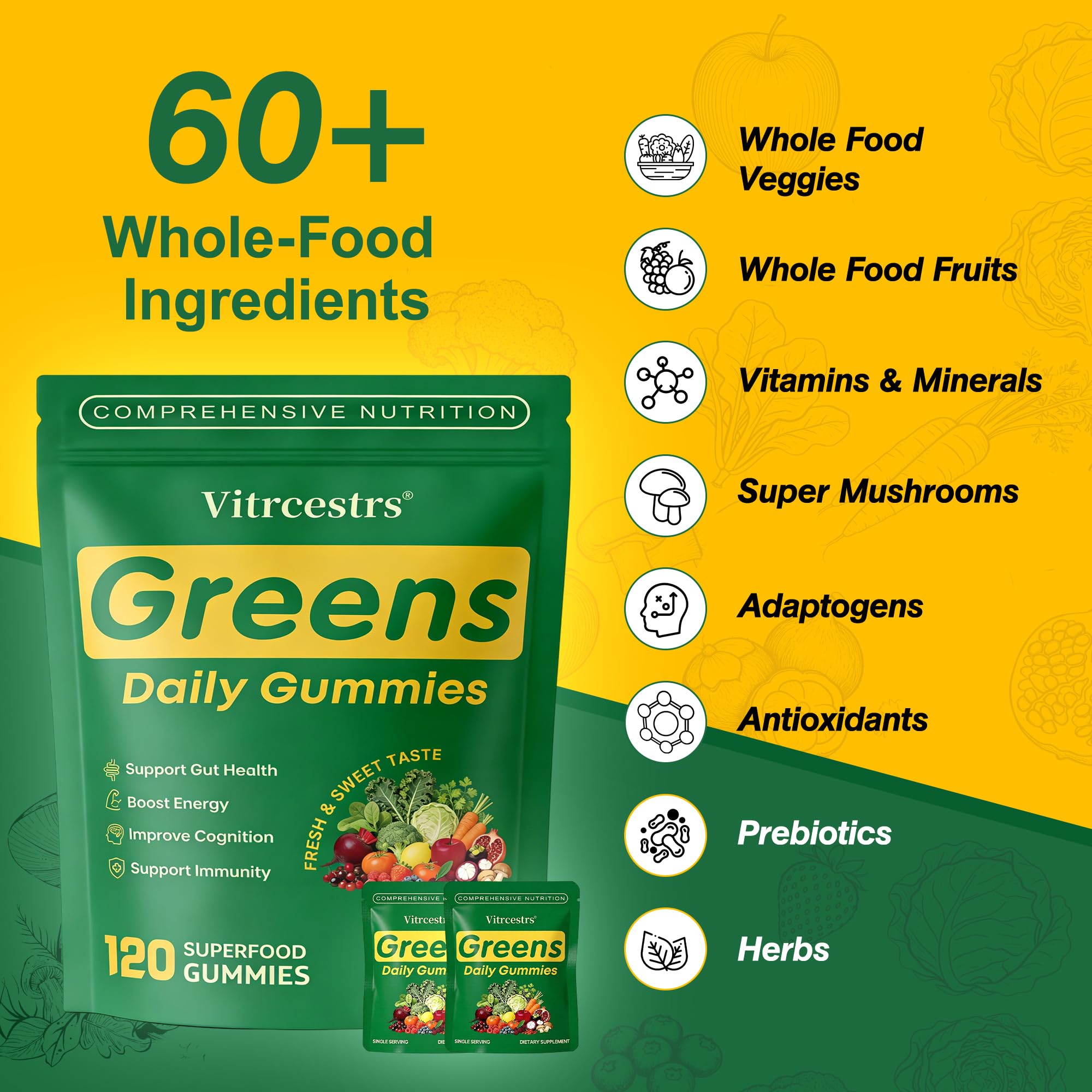 Vitrcestrs Greens Daily Gummies close-up of gummies showcasing tasty gut-friendly nutrition.