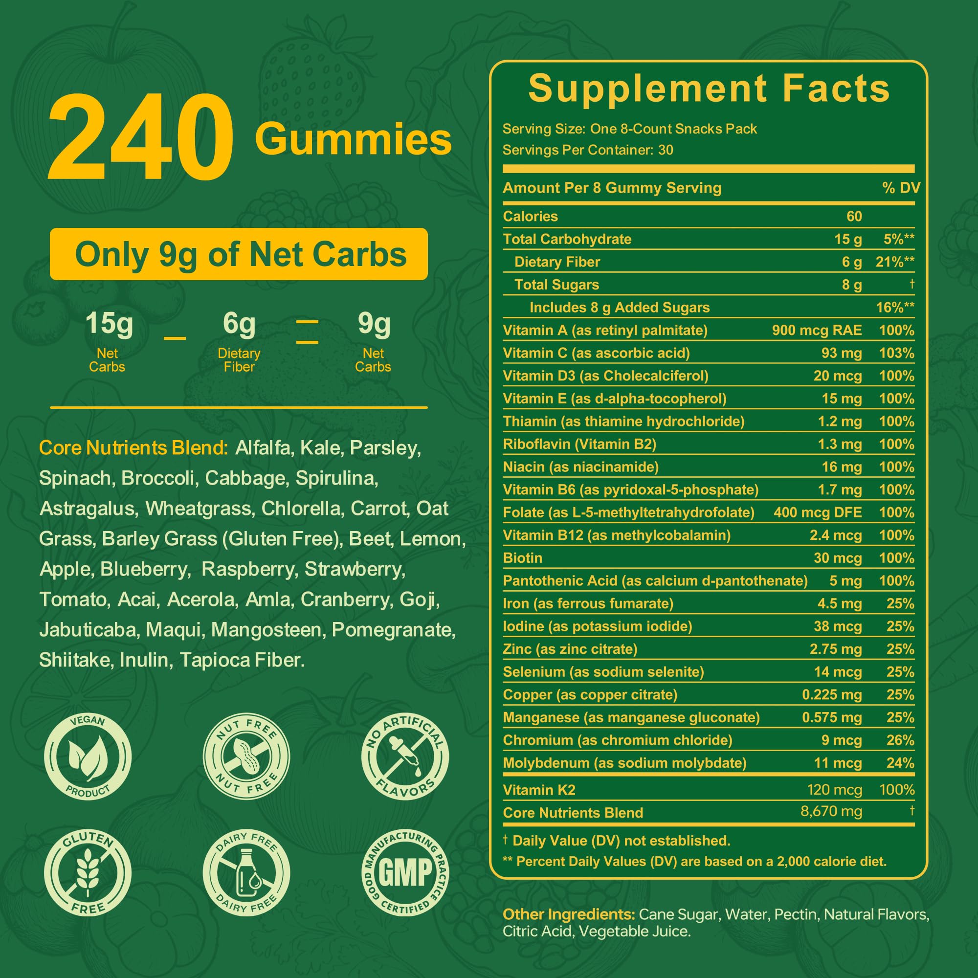 Vitrcestrs Greens Daily Gummies ingredients panel highlights spirulina and prebiotics.