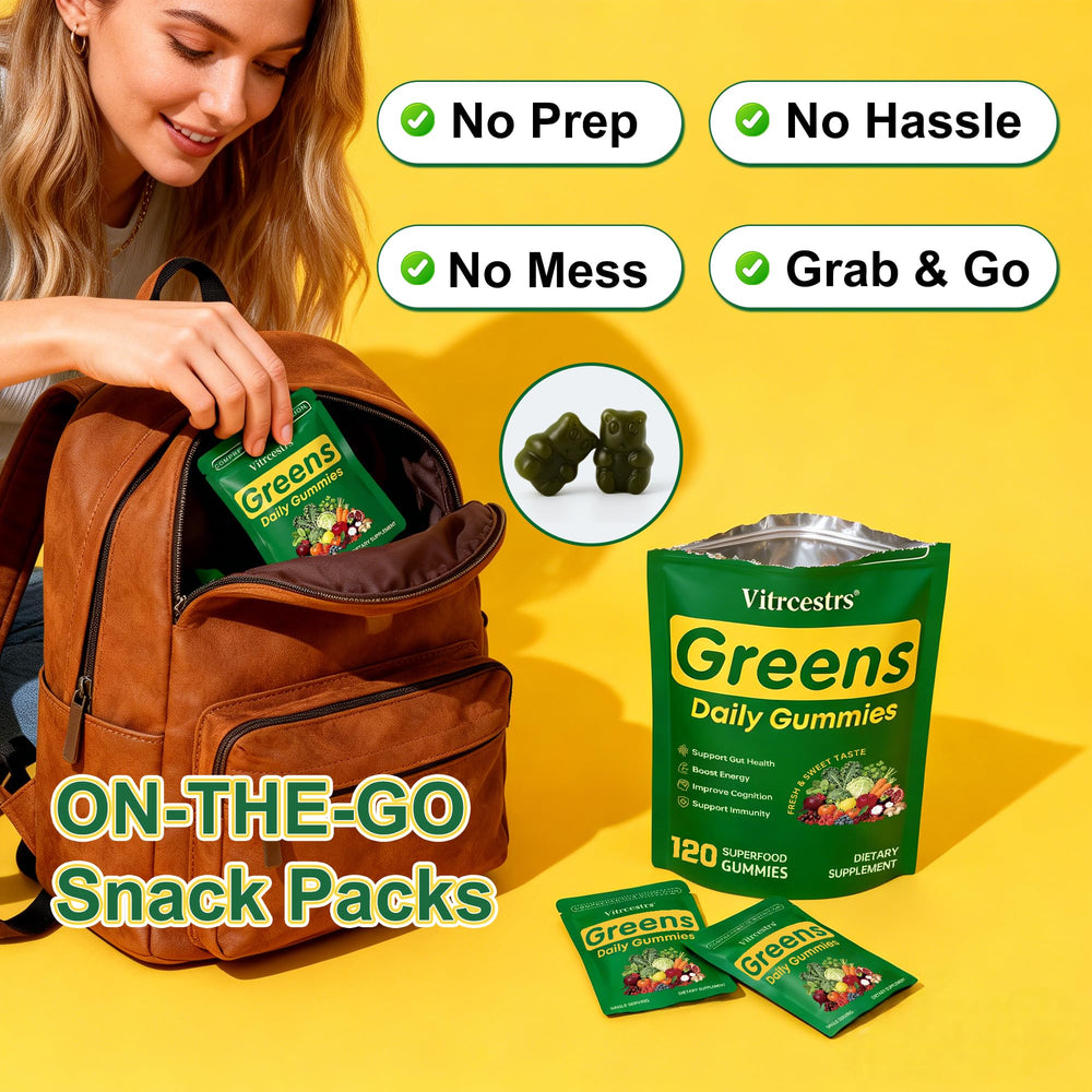 Vitrcestrs Greens Daily Gummies Spirulina-Chlorella blend adds plant-based greens boost.