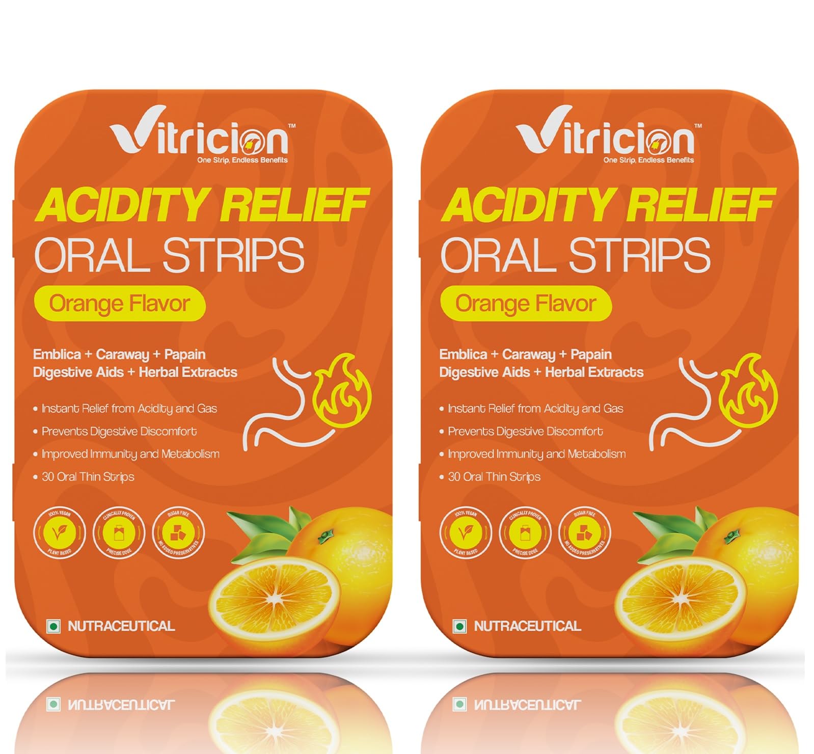 Vitricion acidity relief strip on tongue for quick, portable digestion support.