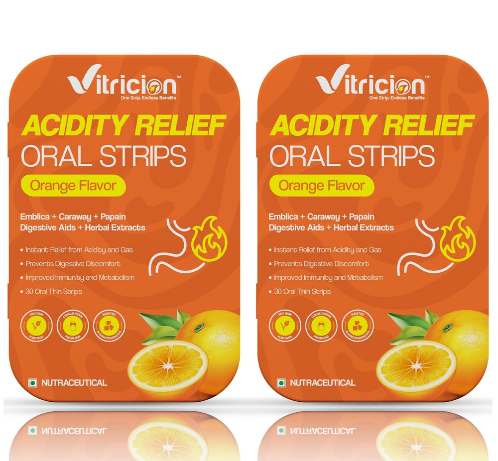 Vitricion acidity relief strip on tongue for quick, portable digestion support.