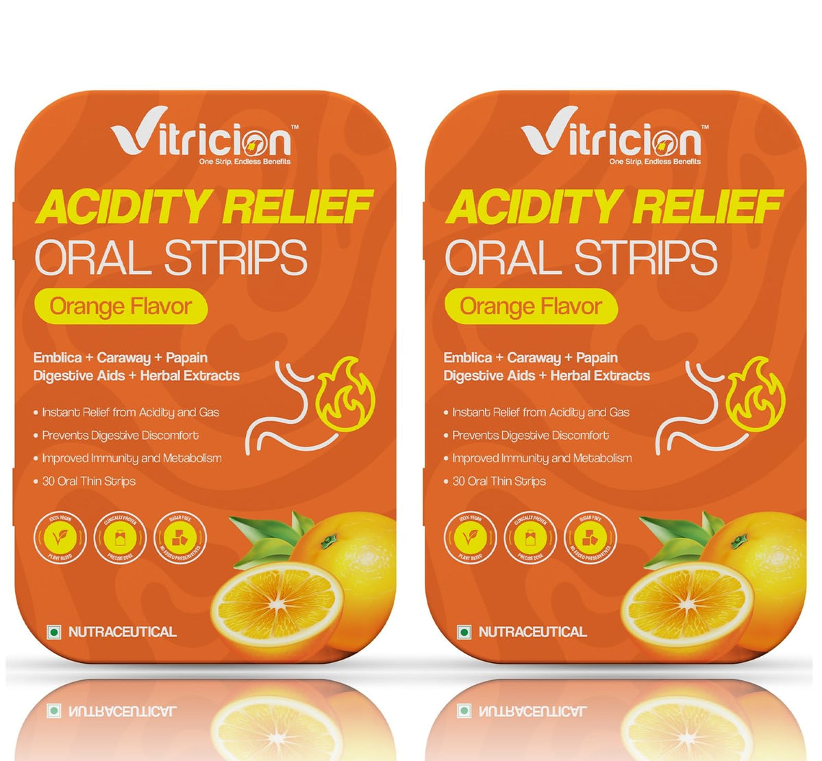 Vitricion acidity relief strip on tongue for quick, portable digestion support.