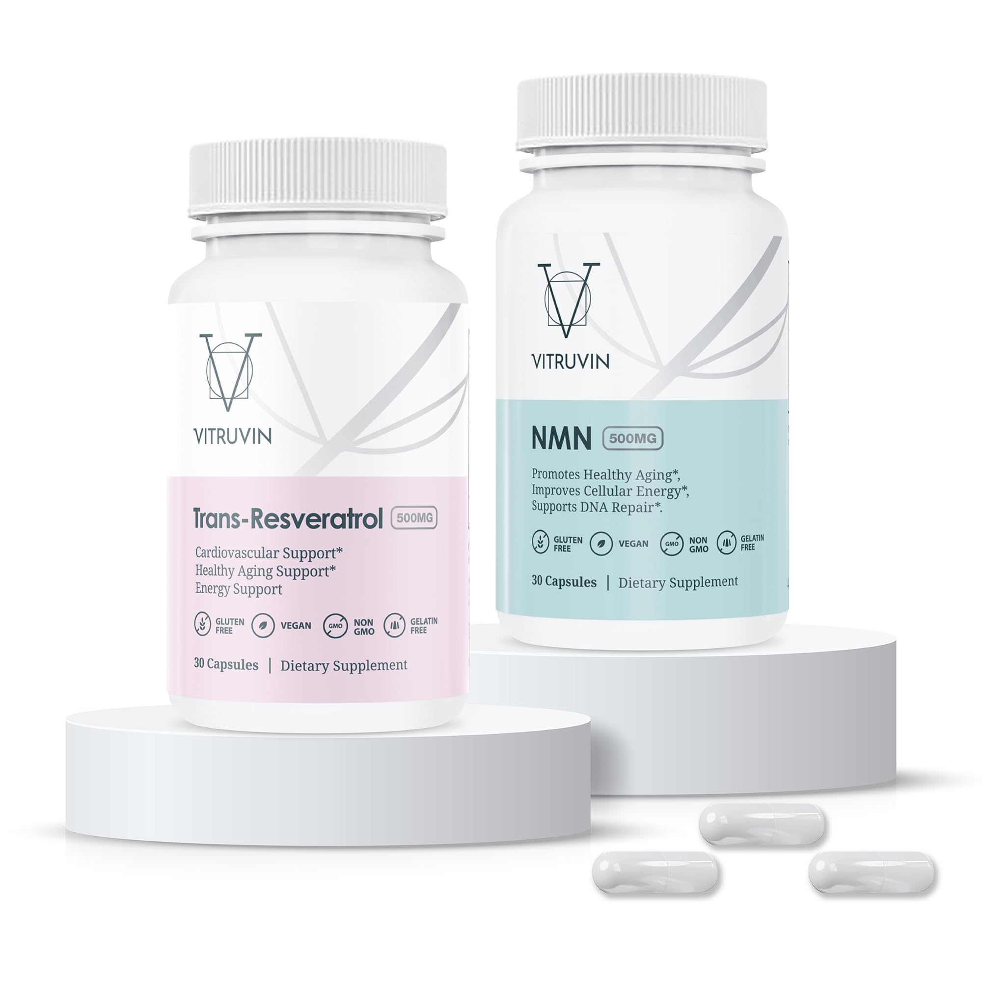 VITRUVIN Longevity capsules close-up emphasizing NMN and trans-resveratrol blend.