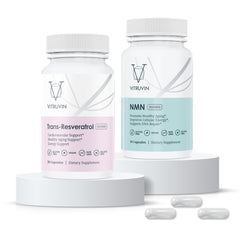 VITRUVIN Longevity capsules close-up emphasizing NMN and trans-resveratrol blend.
