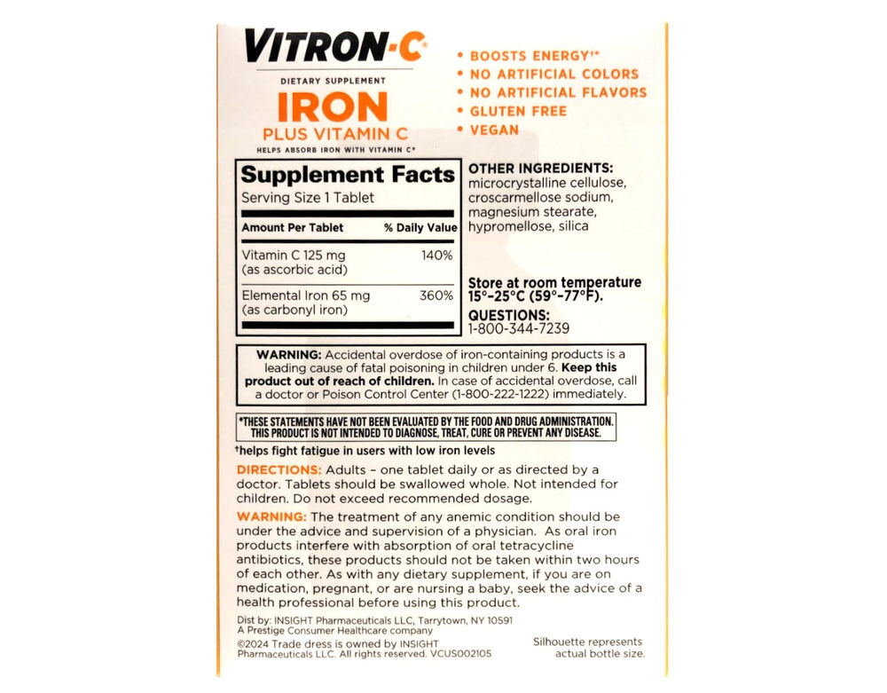 Vitron-C vegan gluten-free icon on packaging signals clean ingredients