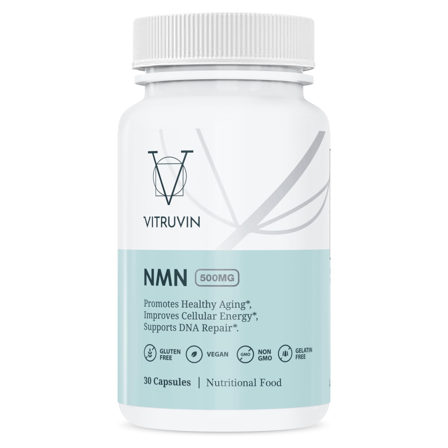 VITRUVIN NMN 500mg bottle closeup showing easy daily dosing.