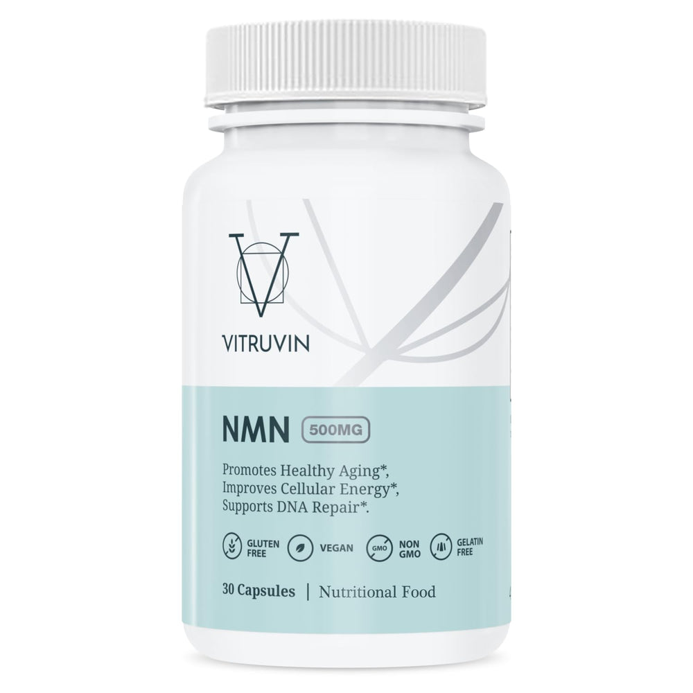 VITRUVIN NMN 500mg bottle closeup showing easy daily dosing.