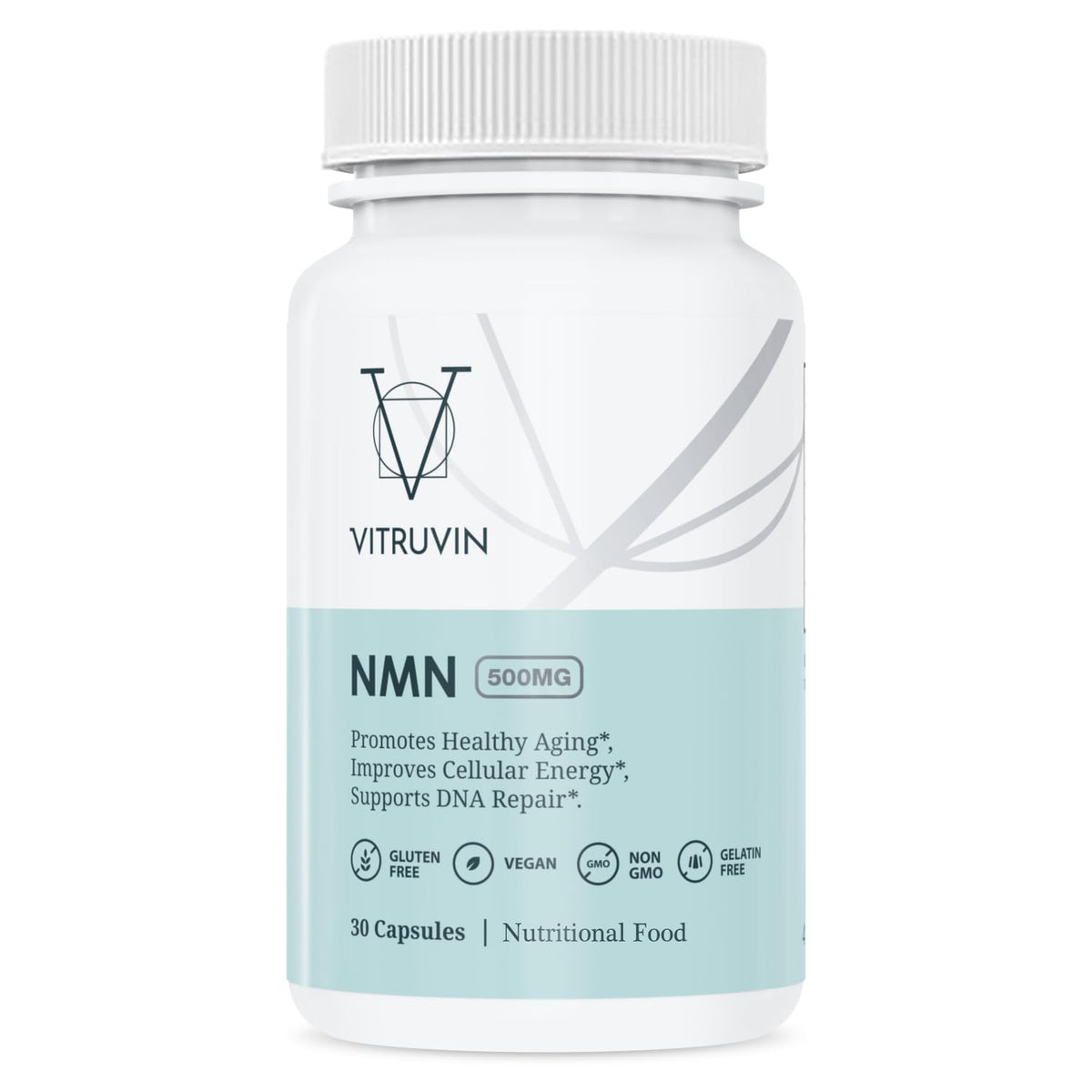 VITRUVIN NMN 500mg bottle closeup showing easy daily dosing.
