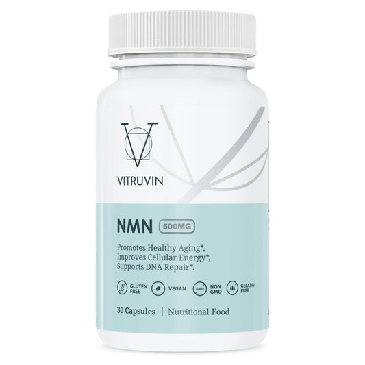 VITRUVIN NMN 500mg bottle closeup showing easy daily dosing.