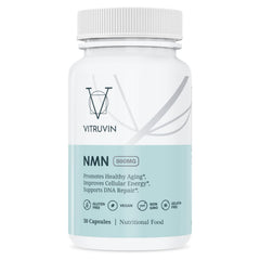 VITRUVIN NMN 500mg bottle closeup showing easy daily dosing.