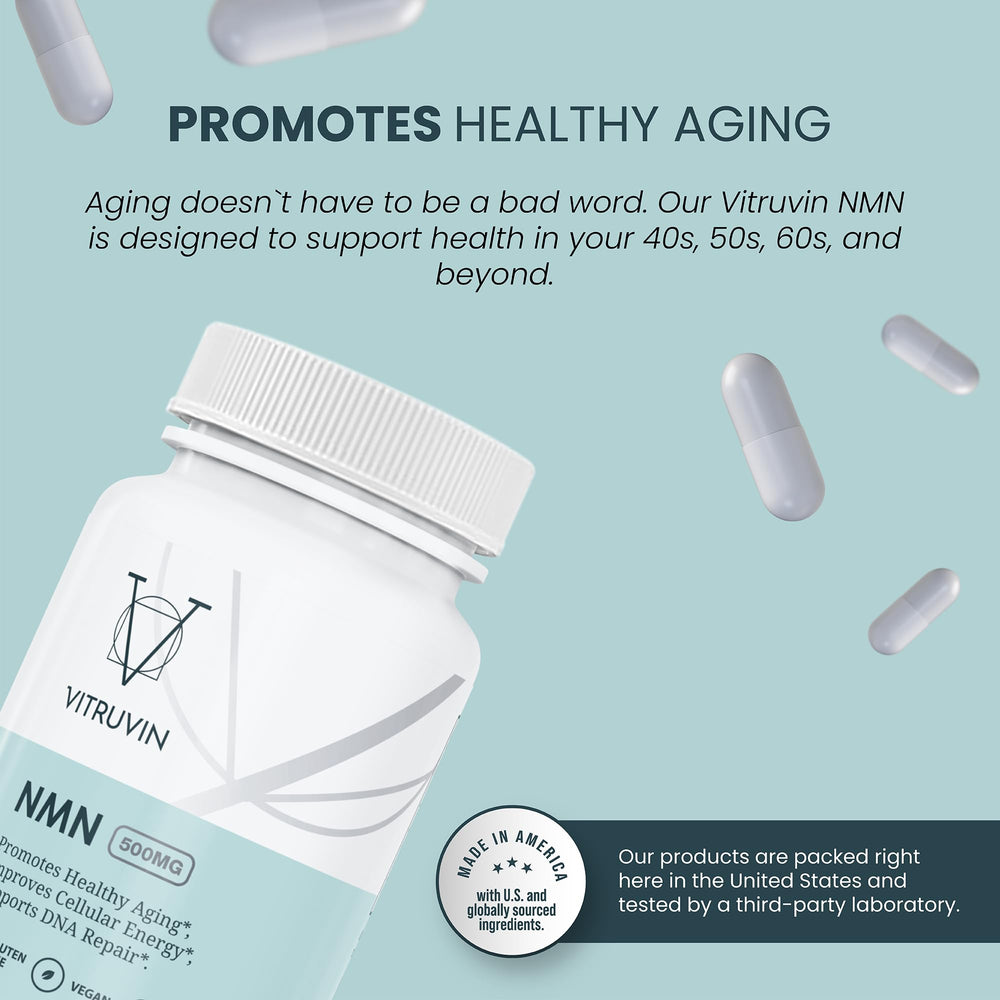 VITRUVIN NMN 500mg bottle with glass suggests routine use and cleanliness.