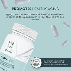 VITRUVIN NMN 500mg bottle with glass suggests routine use and cleanliness.