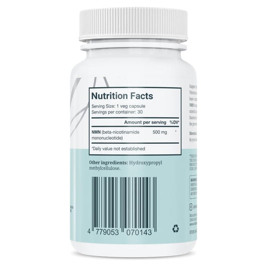 VITRUVIN NMN 500mg capsules view highlighting compact capsule form for daily supplementation.