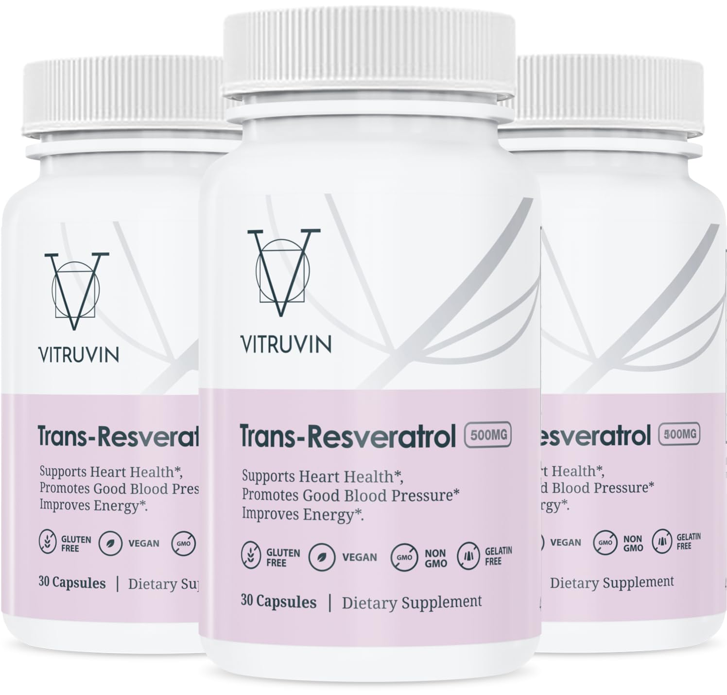 VITRUVIN Trans-Resveratrol 3-bottle pack front view; vegan and gluten-free.