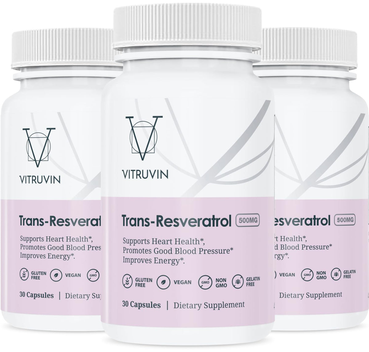 VITRUVIN Trans-Resveratrol 3-bottle pack front view; vegan and gluten-free.