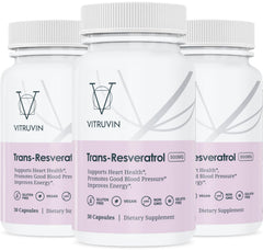 VITRUVIN Trans-Resveratrol 3-bottle pack front view; vegan and gluten-free.
