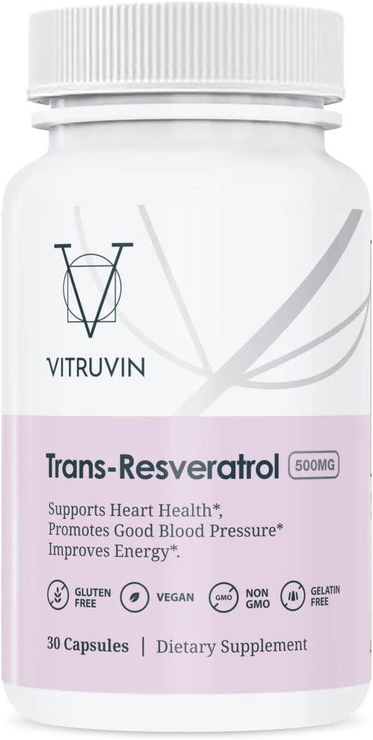 VITRUVIN bottle front displaying 500 mg trans-resveratrol capsules for daily use.