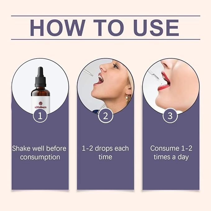 Vittaburn metabolism-boost drops close-up highlights convenient sublingual use for faster uptake.