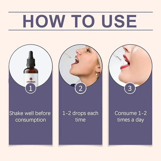 Vittaburn metabolism-boost drops close-up highlights convenient sublingual use for faster uptake.