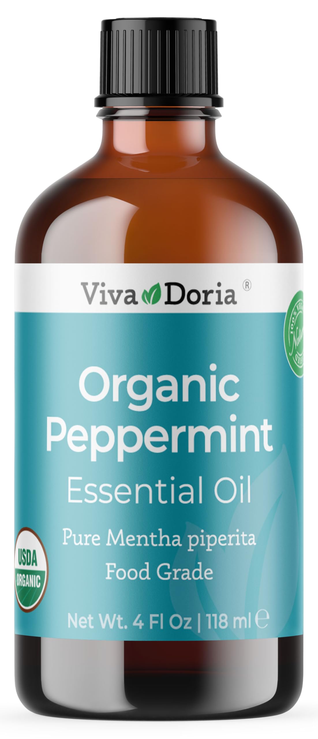 Viva Doria Peppermint Oil bottle in amber glass preserves potency and freshness