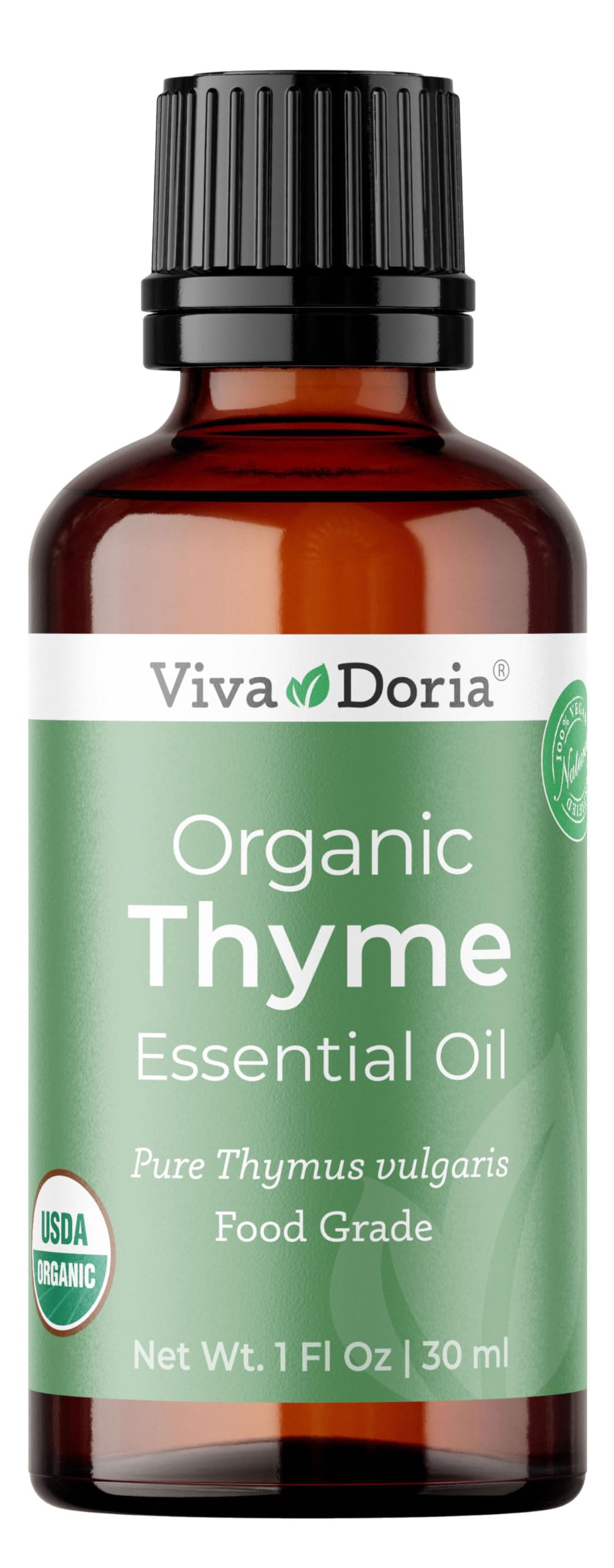 Viva Doria Thyme Oil bottle pour, ideal for aromatherapy blends.