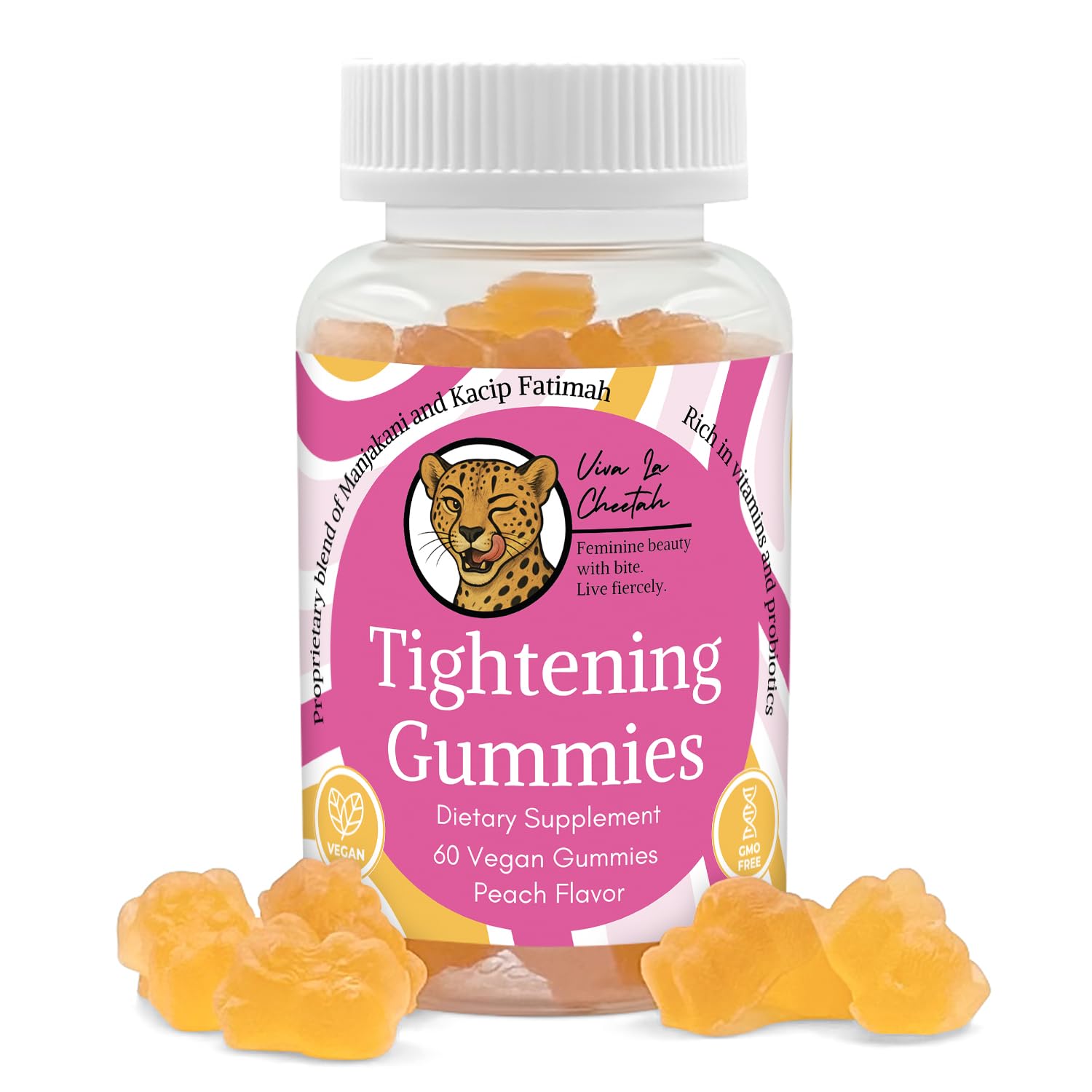 Viva La Cheetah vaginal tightening gummies bottle front, peach flavor, daily wellness