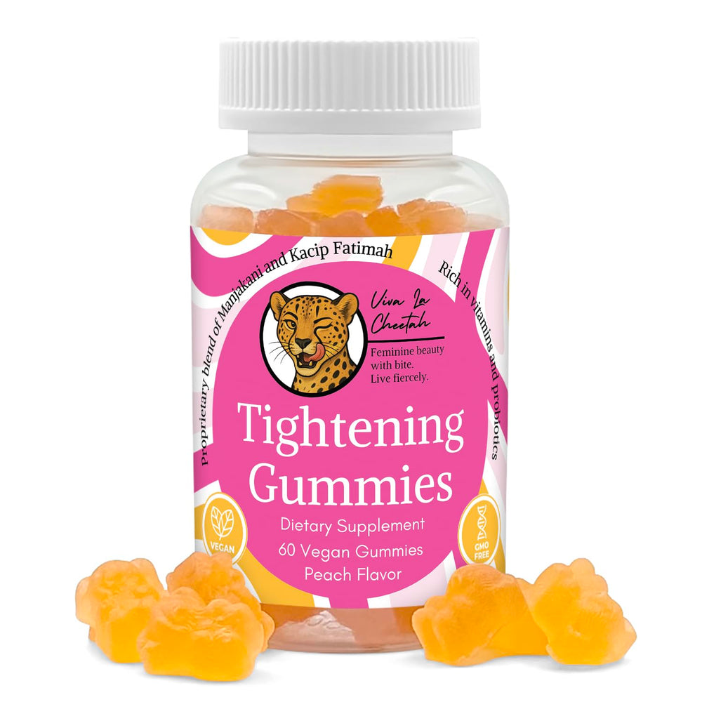 Viva La Cheetah vaginal tightening gummies bottle front, peach flavor, daily wellness