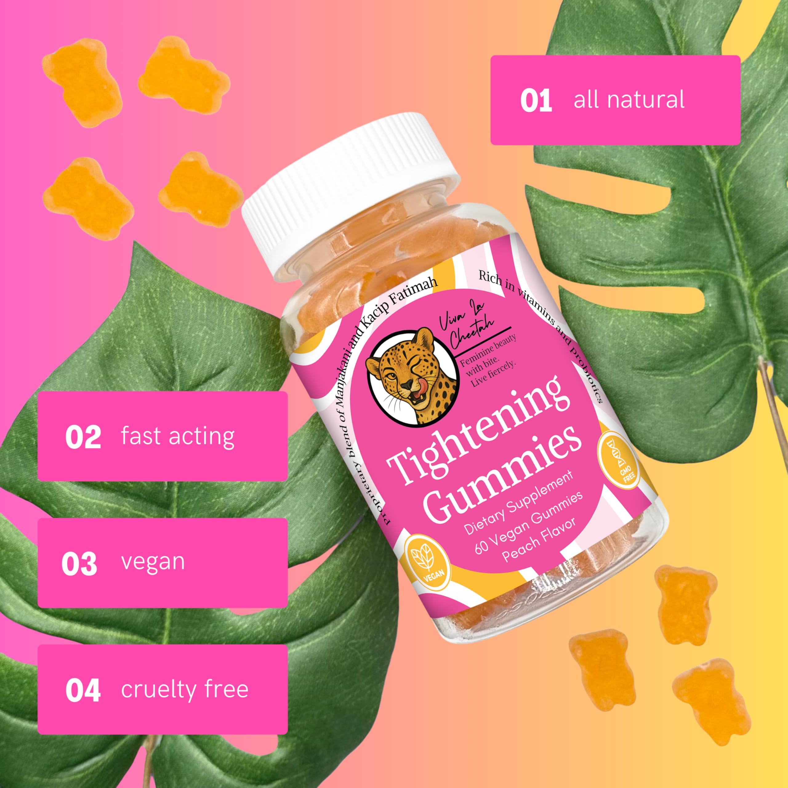 Viva La Cheetah vaginal tightening gummies label detail showing vegan formula