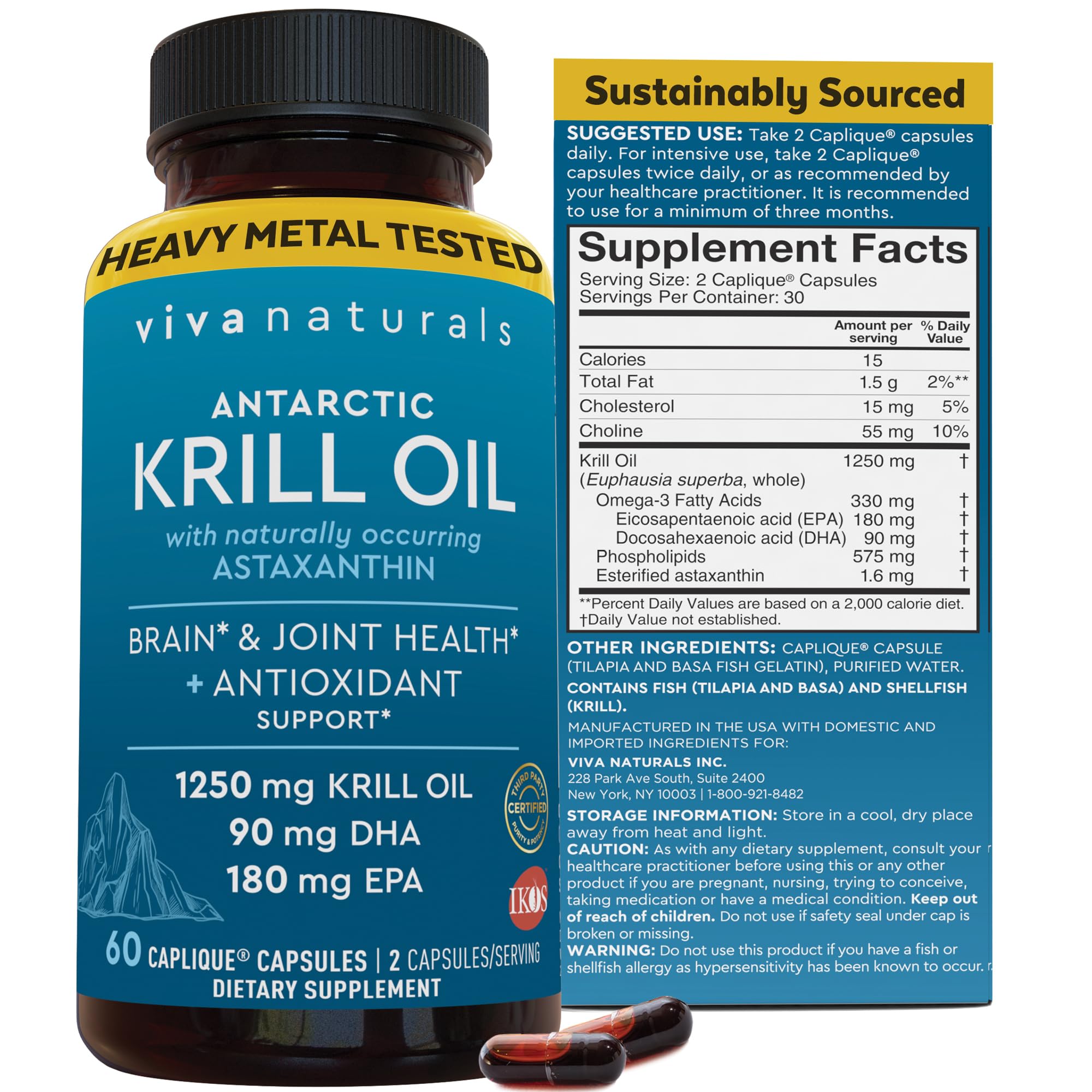 The Viva Naturals Antarctic Krill Oil bottle highlights high omega-3 and astaxanthin potency.
