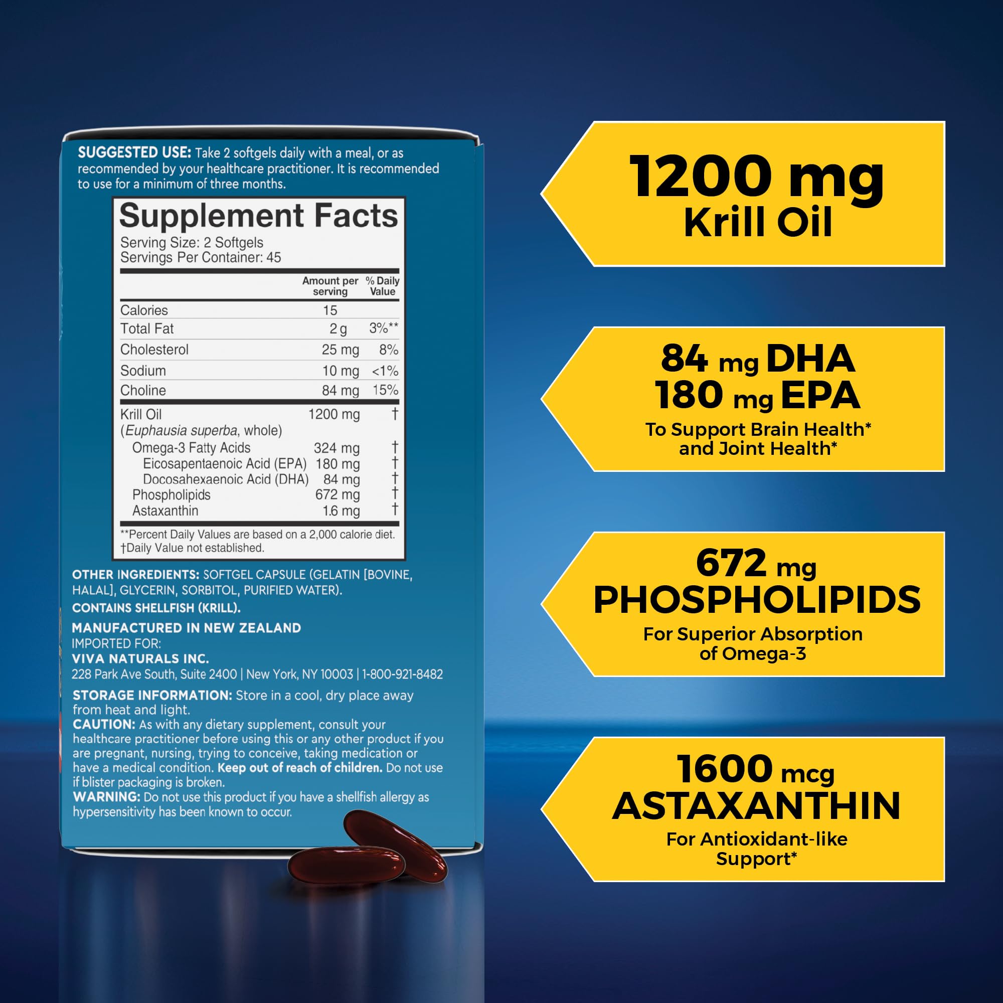 Viva Naturals krill oil close-up emphasizes phospholipids for absorption.