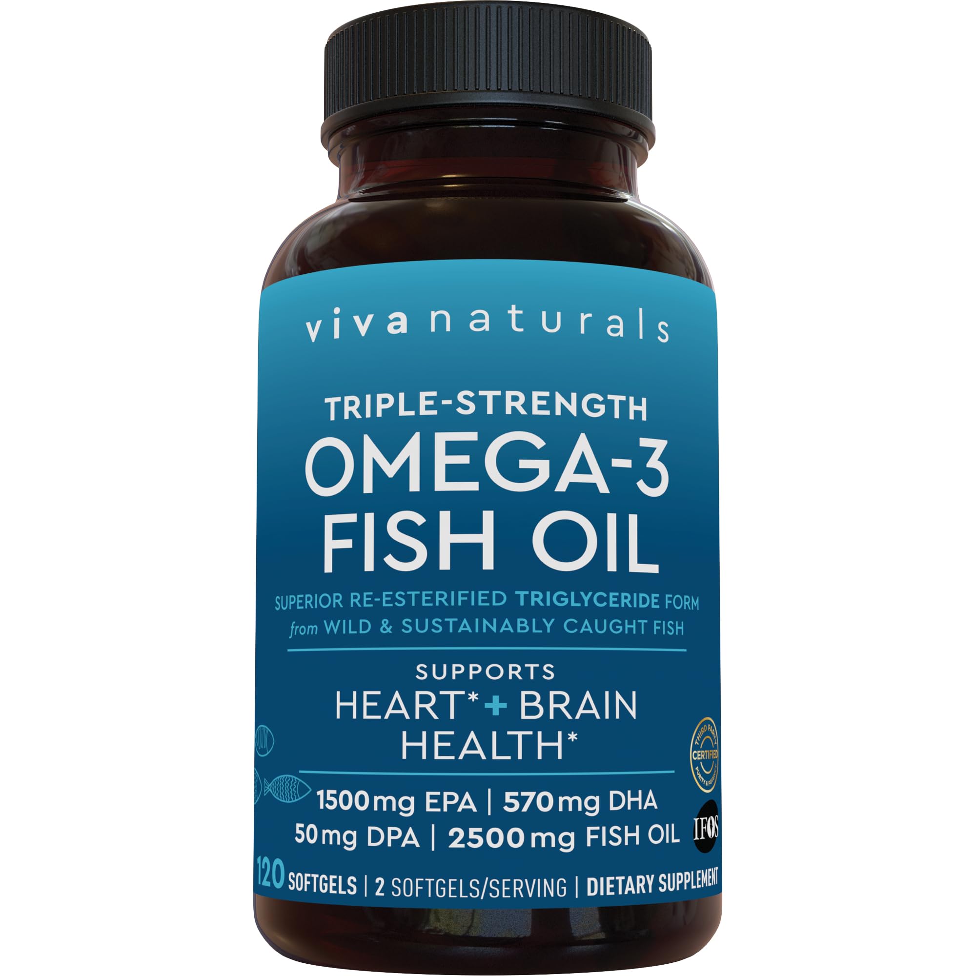 Viva Naturals Omega-3 bottle pour showing easy daily dosing for heart and brain support.