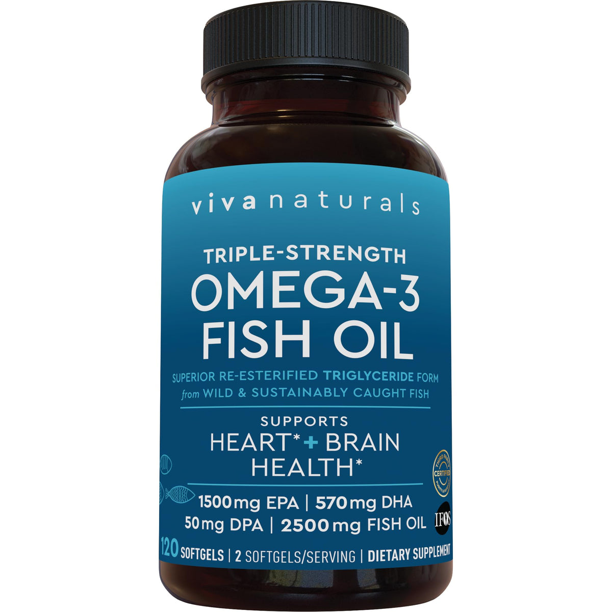 Viva Naturals Omega-3 bottle pour showing easy daily dosing for heart and brain support.