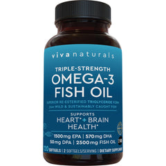 Viva Naturals Omega-3 bottle pour showing easy daily dosing for heart and brain support.