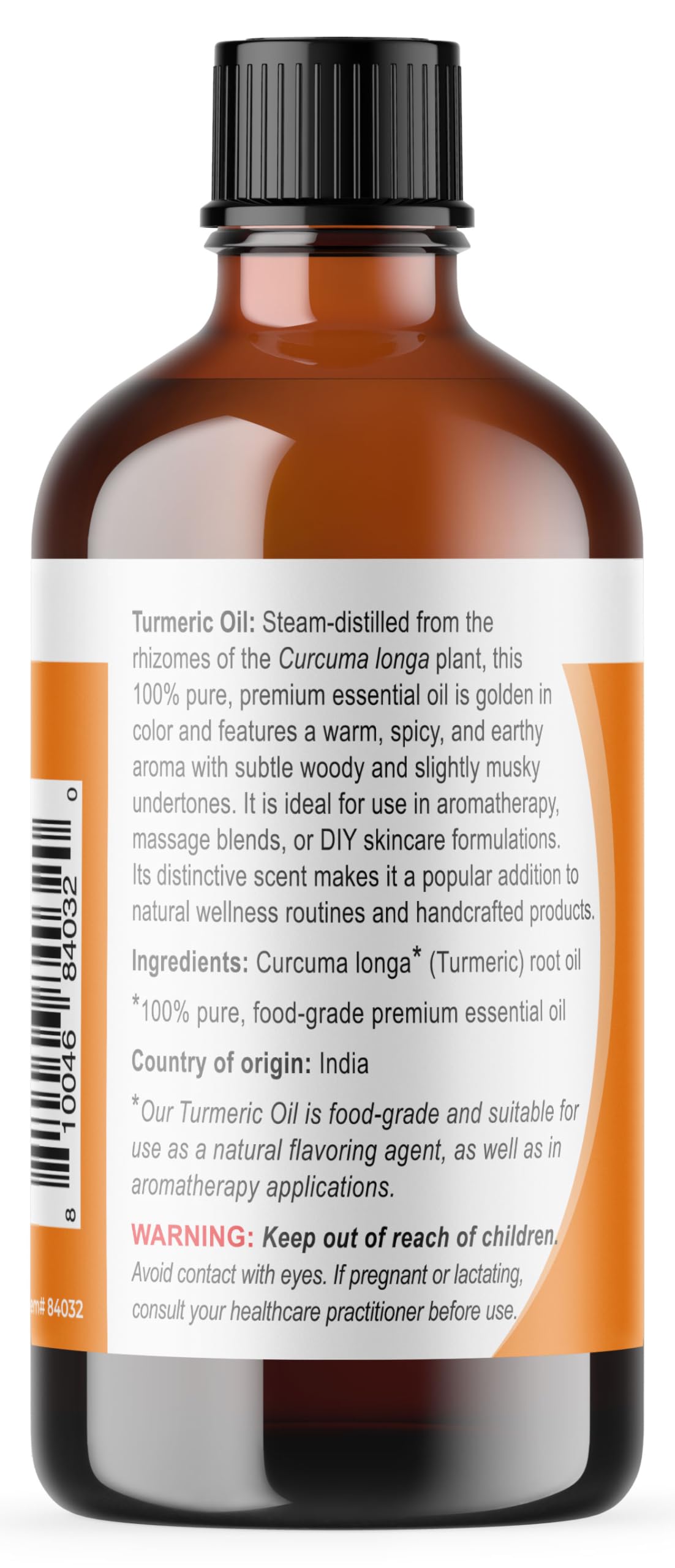 Amber glass Viva Doria turmeric essential oil bottle ready for aromatherapy diffusion.