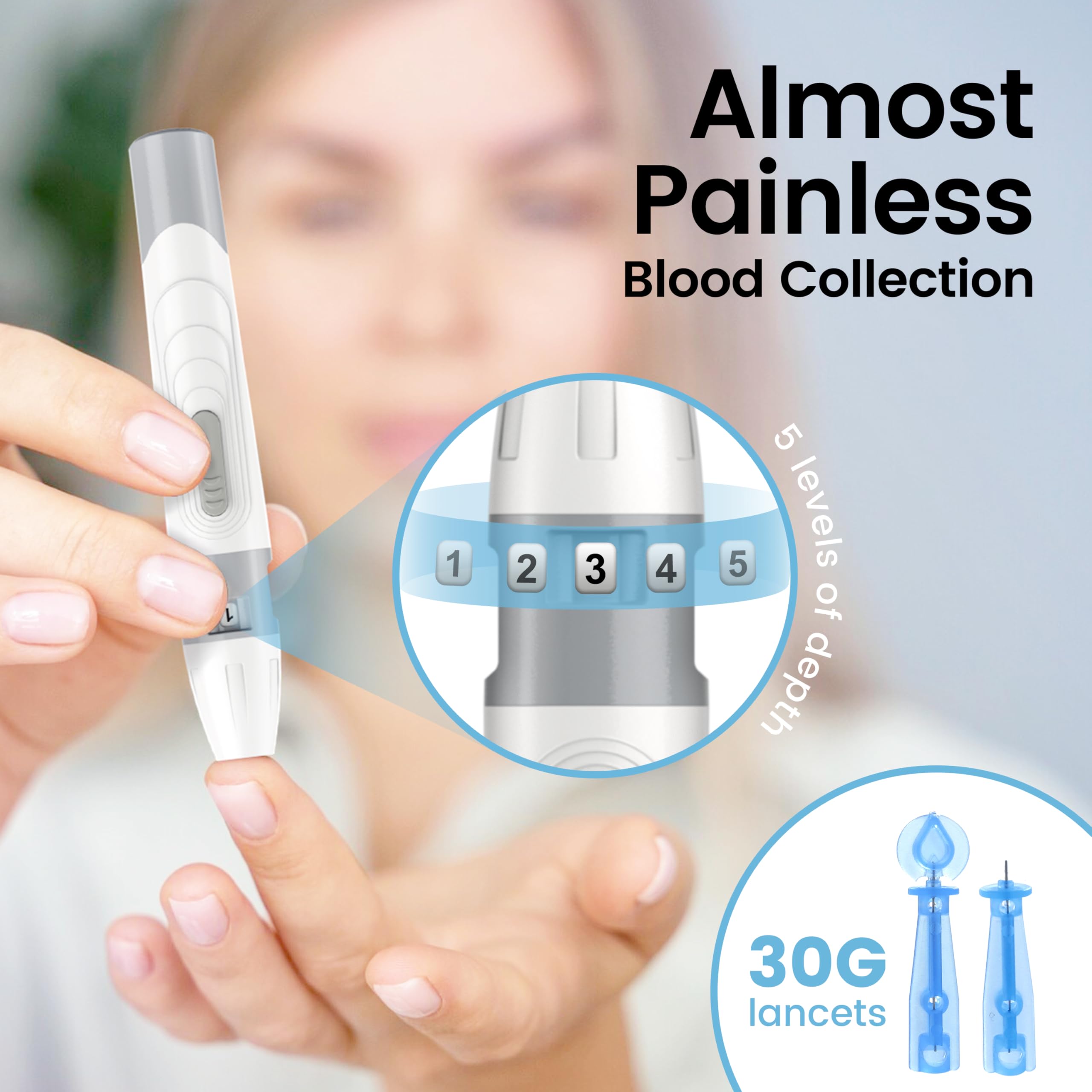 100 lancets and carrying case for on-the-go testing.