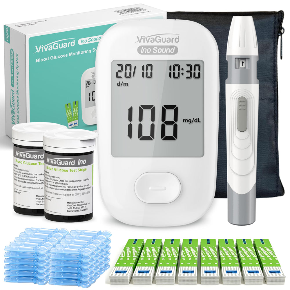 VivaGuard glucose monitor front view with large display for easy reading.