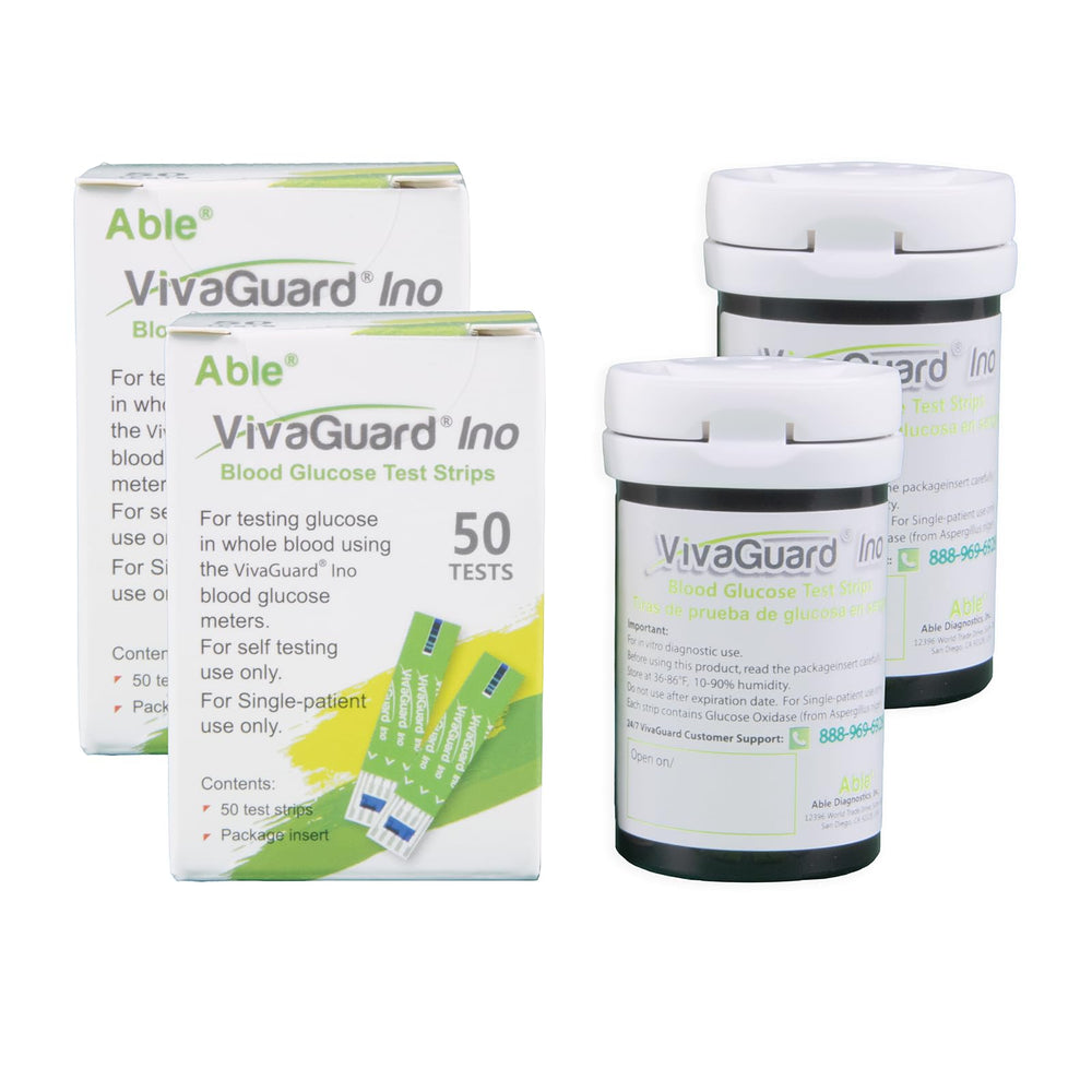 Vivaguard Ino test strips packaging shows a 100-count box for convenient home monitoring.