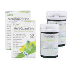 Vivaguard Ino test strips packaging shows a 100-count box for convenient home monitoring.