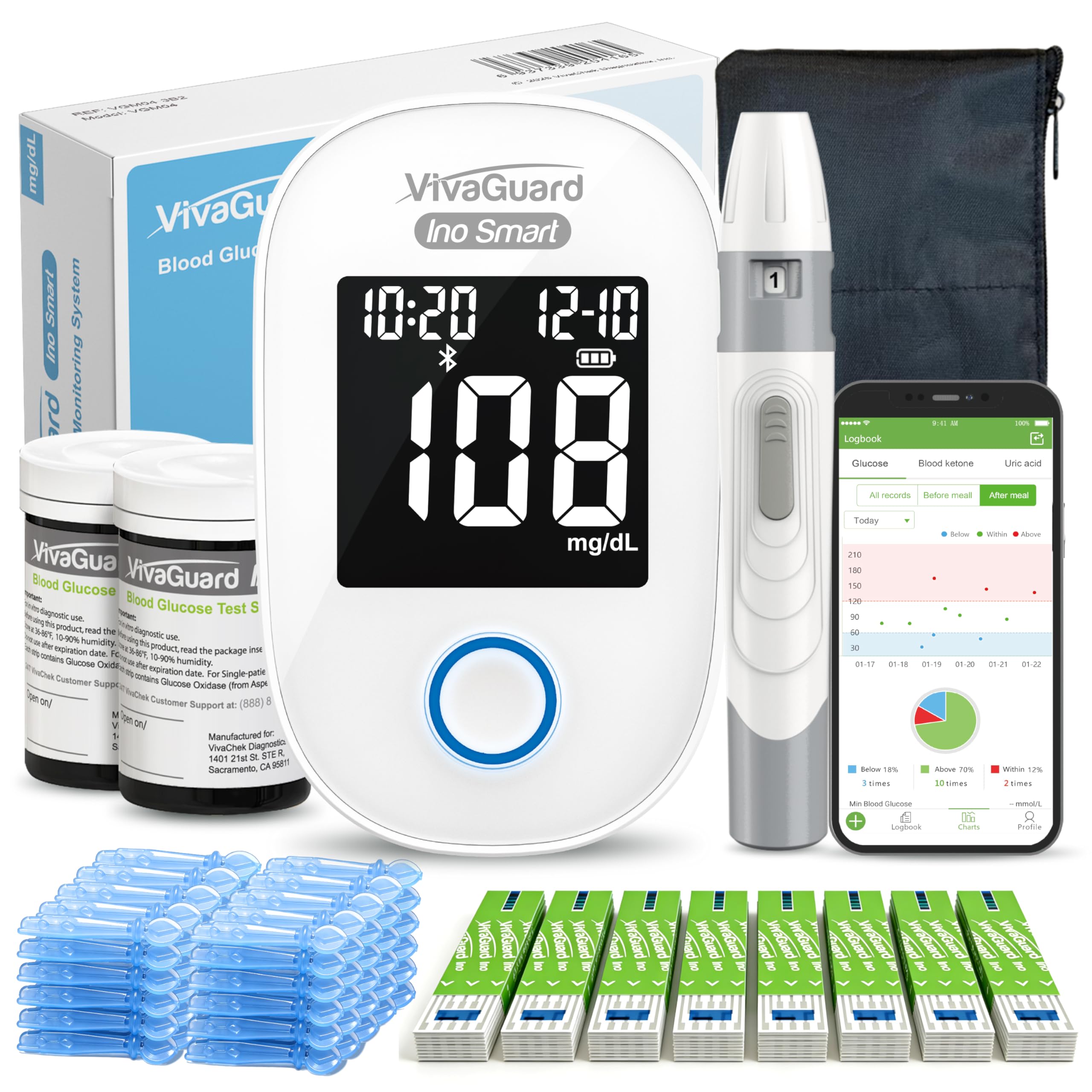 VivaGuard Ino smart glucose monitor with Bluetooth app sync.