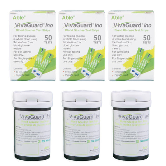 VivaGuard Ino 150-count package shown for convenient home glucose monitoring.