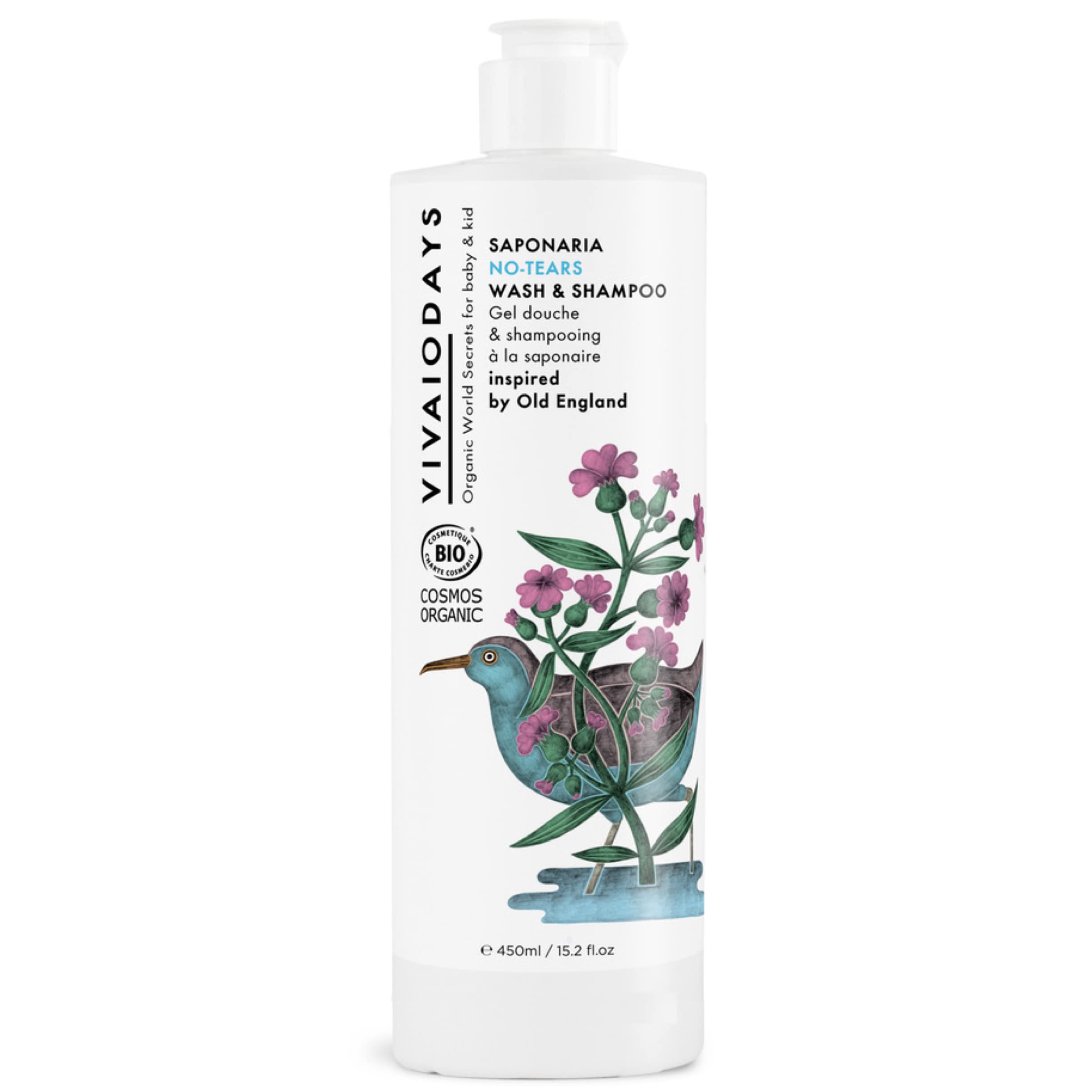 VIVAIODAYS Saponaria No-Tears Bottle Pour showing tearless, gentle cleansing