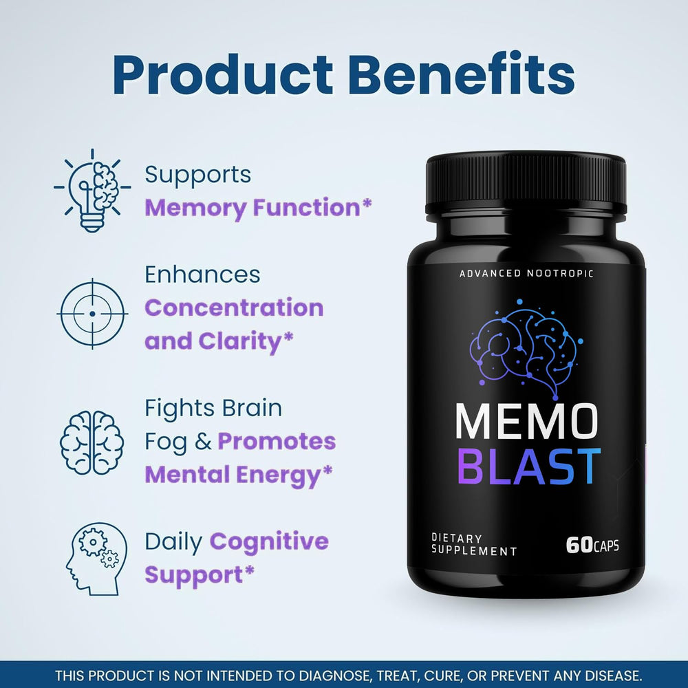 Memo Blast advanced formula pack highlighting the premium blend for vitality.