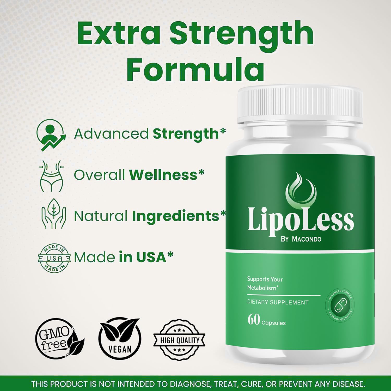 USA GMP facility label on Lipoless packaging indicating quality and purity.