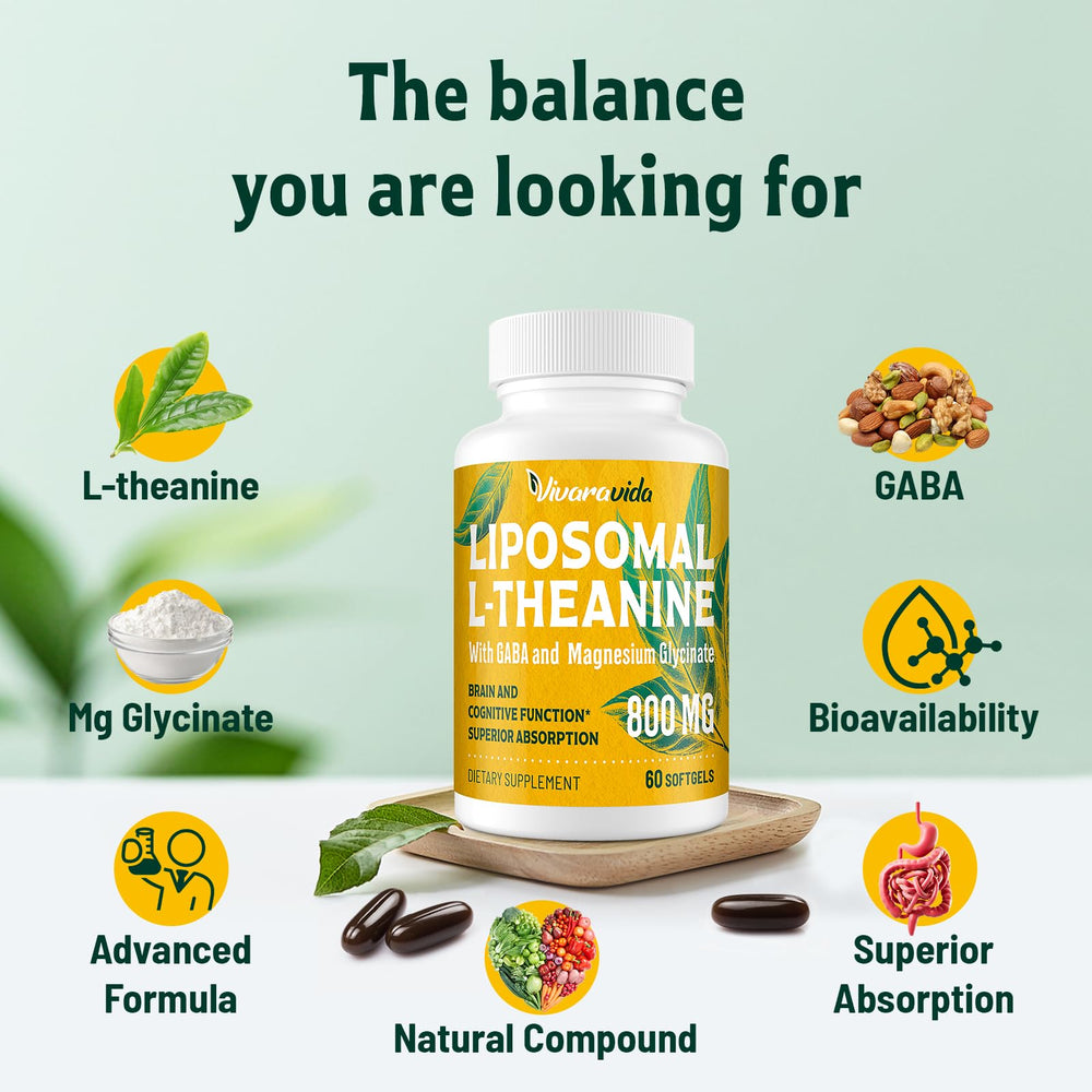 Dosage information on the Vivaravida bottle highlights 800mg L-Theanine per serving.